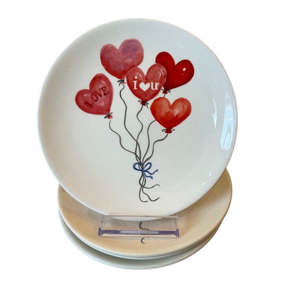 4pc Maxcera Valentine Appetizer Plates 6in Ceramic Red Heart Balloons XO New